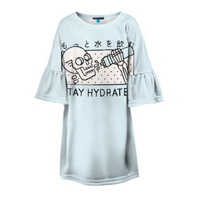 Детское платье 3D с принтом STAY HYDRATED в Ухте, 100% полиэстер | прямой силуэт, чуть расширенный к низу. Круглая горловина, на рукавах — воланы | Тематика изображения на принте: death | japan | skeleton | sport | vegan | water | yoga | веган | вегетарианство | вода | йога | скелет | спорт | хэллоуин | череп | япония