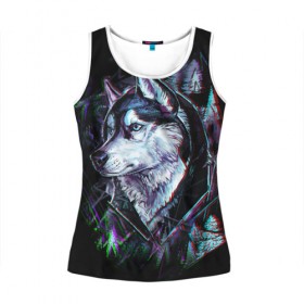 Женская майка 3D с принтом Хаски в Ухте, 100% полиэстер | круглая горловина, прямой силуэт, длина до линии бедра | волк | лес | рисунок | хаски