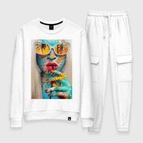 Женский костюм хлопок с принтом поп арт в Ухте, 100% хлопок | на свитшоте круглая горловина, мягкая резинка по низу. Брюки заужены к низу, на них два вида карманов: два 