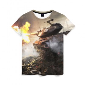 Женская футболка 3D с принтом ТАНК В БОЮ в Ухте, 100% полиэфир ( синтетическое хлопкоподобное полотно) | прямой крой, круглый вырез горловины, длина до линии бедер | game | tank | war | боевой танк | война | выстрел | дым | игра | искры | огонь | пламя | танк | танки | танкист | техника