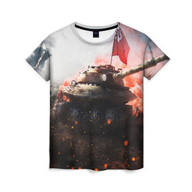 Женская футболка 3D с принтом ТАНК СССР в Ухте, 100% полиэфир ( синтетическое хлопкоподобное полотно) | прямой крой, круглый вырез горловины, длина до линии бедер | game | tank | war | боевой танк | война | выстрел | дым | игра | искры | огонь | пламя | танк | танки | танкист | техника