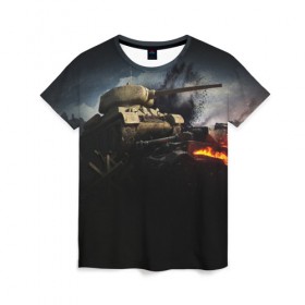 Женская футболка 3D с принтом ТАНКИ в Ухте, 100% полиэфир ( синтетическое хлопкоподобное полотно) | прямой крой, круглый вырез горловины, длина до линии бедер | game | tank | war | боевой танк | война | выстрел | дым | игра | искры | огонь | пламя | танк | танки | танкист | техника