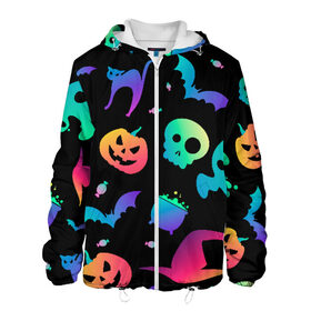 Мужская куртка 3D с принтом Rainbow Halloween в Ухте, ткань верха — 100% полиэстер, подклад — флис | прямой крой, подол и капюшон оформлены резинкой с фиксаторами, два кармана без застежек по бокам, один большой потайной карман на груди. Карман на груди застегивается на липучку | diy | ghost | halloween | horror | makeup | scary | trick or treat | вампир | ведьма | кошка | луна | магия | новинки | ночь | тыква | хэллоуин