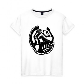 Женская футболка хлопок Черный кот скелет: в Ухте, 100% хлопок | прямой крой, круглый вырез горловины, длина до линии бедер, слегка спущенное плечо | киса | кости | кот | котя | кошка | скелет | черный | черный кот скелет