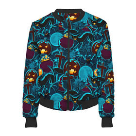 Женский бомбер 3D с принтом Хэллоуин в Ухте, 100% полиэстер | застегивается на молнию, по бокам два кармана без застежек, мягкие манжеты, по низу бомбера и на воротнике — эластичная резинка | halloween | horror | кладбище | кресты | луна | пятница 13 | страшилки | страшно | тыква | тыквы | ужасы | хоррор | хэллоуин