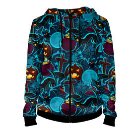 Женская толстовка 3D на молнии с принтом Хэллоуин в Ухте, 100% полиэстер | длина до линии бедра, манжеты и пояс оформлены мягкой тканевой резинкой, двухслойный капюшон со шнурком для регулировки, спереди молния, по бокам два кармана | halloween | horror | кладбище | кресты | луна | пятница 13 | страшилки | страшно | тыква | тыквы | ужасы | хоррор | хэллоуин
