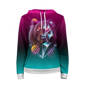 Женская толстовка 3D с принтом RETRO CYBER BEAR NEON в Ухте, 100% полиэстер  | двухслойный капюшон со шнурком для регулировки, мягкие манжеты на рукавах и по низу толстовки, спереди карман-кенгуру с мягким внутренним слоем. | hotline miami | neon | outrun | outrun electro | retro | retrowave | synth | synthwave | неон | ретро | хотлайн майами