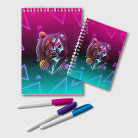 Блокнот с принтом RETRO CYBER BEAR NEON в Ухте, 100% бумага | 48 листов, плотность листов — 60 г/м2, плотность картонной обложки — 250 г/м2. Листы скреплены удобной пружинной спиралью. Цвет линий — светло-серый
 | hotline miami | neon | new retro wave | outrun | outrun electro | retro | retrowave | synth | synthwave | медведь | неон | ретро | хотлайн майами