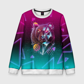 Детский свитшот 3D с принтом RETRO CYBER BEAR NEON в Ухте, 100% полиэстер | свободная посадка, прямой крой, мягкая тканевая резинка на рукавах и понизу свитшота | Тематика изображения на принте: hotline miami | neon | new retro wave | outrun | outrun electro | retro | retrowave | synth | synthwave | медведь | неон | ретро | хотлайн майами
