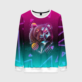 Женский свитшот 3D с принтом RETRO CYBER BEAR NEON в Ухте, 100% полиэстер с мягким внутренним слоем | круглый вырез горловины, мягкая резинка на манжетах и поясе, свободная посадка по фигуре | hotline miami | neon | new retro wave | outrun | outrun electro | retro | retrowave | synth | synthwave | медведь | неон | ретро | хотлайн майами
