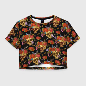 Женская футболка Crop-top 3D с принтом Skulls and Roses в Ухте, 100% полиэстер | круглая горловина, длина футболки до линии талии, рукава с отворотами | flowers | halloween | rose | skull | tattoo | жуки | насекомые | роза | тату | татуировка | хеллоуин | хэллоуин | цветок | цветы | череп