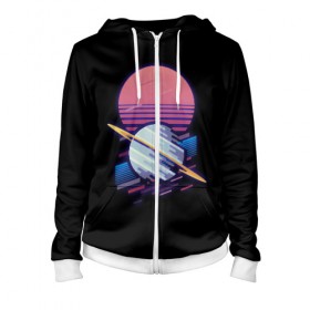 Женская толстовка 3D на молнии с принтом Retro Planet в Ухте, 100% полиэстер | длина до линии бедра, манжеты и пояс оформлены мягкой тканевой резинкой, двухслойный капюшон со шнурком для регулировки, спереди молния, по бокам два кармана | 80 | cyber | earth | game | hotline | maiami | music | outrun | planet | retro | retrowave | space | synth | synthwave | земля | игра | кибер | космос | планета | планеты | ретро