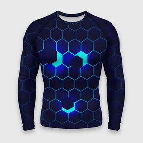 Мужской рашгард 3D с принтом СИНИЕ СОТЫ В НЕОНЕ в Ухте,  |  | abstraction | form | geometry | neon | steel | texture | uniform | абстракция | броня | геометрия | защита | костюм | неон | соты | сталь | стальная броня | текстура | форма