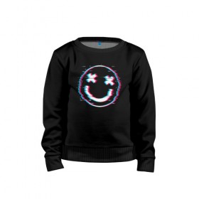 Детский свитшот хлопок с принтом Glitch Smile в Ухте, 100% хлопок | круглый вырез горловины, эластичные манжеты, пояс и воротник | art | glitch | smile | арт | глитч | глич | картинка | картинки | мода | прикольная | прикольные | смайл | смайли | смайлик | тренд | тренды