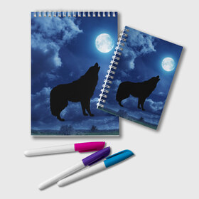 Блокнот с принтом WOLF в Ухте, 100% бумага | 48 листов, плотность листов — 60 г/м2, плотность картонной обложки — 250 г/м2. Листы скреплены удобной пружинной спиралью. Цвет линий — светло-серый
 | Тематика изображения на принте: wolf | волк | луна | ночь