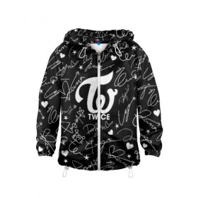 Детская ветровка 3D с принтом TWICE АВТОГРАФЫ в Ухте, 100% полиэстер | подол и капюшон оформлены резинкой с фиксаторами, по бокам два кармана без застежек, один потайной карман на груди | twice | дахён | мины | момо | наён | саны | твайс | цзыюй | чеён | чонён