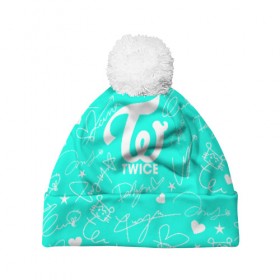 Шапка 3D c помпоном с принтом TWICE АВТОГРАФЫ в Ухте, 100% полиэстер | универсальный размер, печать по всей поверхности изделия | twice | дахён | мины | момо | наён | саны | твайс | цзыюй | чеён | чонён