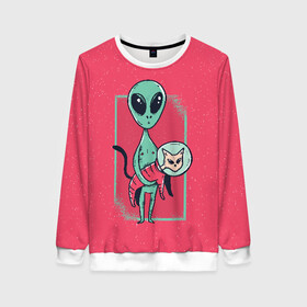 Женский свитшот 3D с принтом Пришелец с Котом в Ухте, 100% полиэстер с мягким внутренним слоем | круглый вырез горловины, мягкая резинка на манжетах и поясе, свободная посадка по фигуре | alien | cat | kitten | kitty | ufo | инопланетяне | инопланетянин | кот | котик | кошка | нло | пришелец | пришельцы