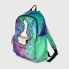 Рюкзак 3D с принтом HONK HONK в Ухте, 100% полиэстер | лямки с регулируемой длиной, сверху петелька, чтобы рюкзак можно было повесить на вешалку. Основное отделение закрывается на молнию, как и внешний карман. Внутри два дополнительных кармана, один из которых закрывается на молнию. По бокам два дополнительных кармашка | Тематика изображения на принте: meme | untitled goose game | злой гусь | мем | птица