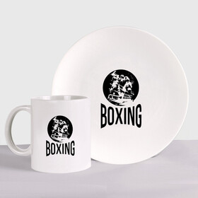 Набор: тарелка + кружка с принтом Boxing (двухсторонняя) в Ухте, керамика | Кружка: объем — 330 мл, диаметр — 80 мм. Принт наносится на бока кружки, можно сделать два разных изображения. 
Тарелка: диаметр - 210 мм, диаметр для нанесения принта - 120 мм. | boxer | boxing | fight | mma | бокс | боксер | тайский бокс
