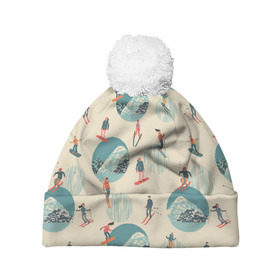 Шапка 3D c помпоном с принтом лыжники в Ухте, 100% полиэстер | универсальный размер, печать по всей поверхности изделия | горы | зима | лыжи | природа | снег | спорт