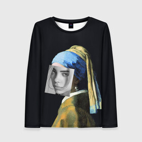 Женский лонгслив 3D с принтом Billie Eilish с Сережкой в Ухте, 100% полиэстер | длинные рукава, круглый вырез горловины, полуприлегающий силуэт | Тематика изображения на принте: bellyache | indie | music | pop | айлиш | беляш | билли | девушка | девушка с жемчужной сережкой | звезда | искусство | картина | певица | песня | художник | ян вермеер