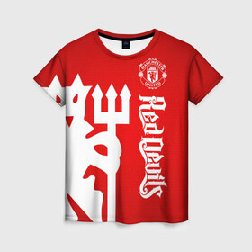 Женская футболка 3D с принтом Манчестер Юнайтед в Ухте, 100% полиэфир ( синтетическое хлопкоподобное полотно) | прямой крой, круглый вырез горловины, длина до линии бедер | manchester | manchester united | mufc | red devils | красные дьяволы | манчестер | манчестер юнайтед | фанатская | футбольная | футбольный клуб | юнайтед