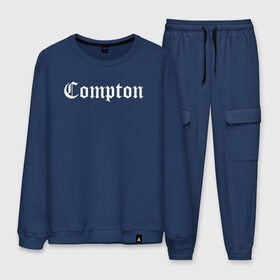 Мужской костюм хлопок с принтом COMPTON в Ухте, 100% хлопок | на свитшоте круглая горловина, мягкая резинка по низу. Брюки заужены к низу, на них два вида карманов: два “обычных” по бокам и два объемных, с клапанами, расположенные ниже линии бедра. Брюки с мягкой трикотажной резинкой на поясе и по низу штанин. В поясе для дополнительного комфорта — широкие завязки | Тематика изображения на принте: compton | dj yella | dr. dre | eazy e | ice cube | mc ren | n.w.a | nwa | straight outta compton | west side | западная сторона | комптон