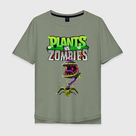 Мужская футболка хлопок Oversize с принтом Plants vs. Zombies в Ухте, 100% хлопок | свободный крой, круглый ворот, “спинка” длиннее передней части | Тематика изображения на принте: battle | game | plants vs zombies | plants vs zombies battle for neighborville | zombie | битва | битва за нейборвиль | зомби | игра | линии | надпись | растения | растения против зомби