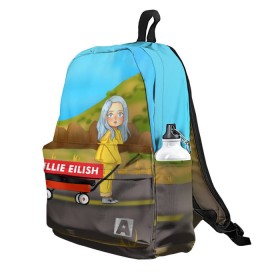 Рюкзак 3D с принтом BILLIE EILISH в Ухте, 100% полиэстер | лямки с регулируемой длиной, сверху петелька, чтобы рюкзак можно было повесить на вешалку. Основное отделение закрывается на молнию, как и внешний карман. Внутри два дополнительных кармана, один из которых закрывается на молнию. По бокам два дополнительных кармашка | bad guy | billie | eilish | ocean eyes | айлиш | билли | девушка | певица | эйлиш