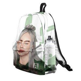 Рюкзак 3D с принтом BILLIE EILISH в Ухте, 100% полиэстер | лямки с регулируемой длиной, сверху петелька, чтобы рюкзак можно было повесить на вешалку. Основное отделение закрывается на молнию, как и внешний карман. Внутри два дополнительных кармана, один из которых закрывается на молнию. По бокам два дополнительных кармашка | bad guy | billie | eilish | ocean eyes | айлиш | билли | девушка | певица | эйлиш