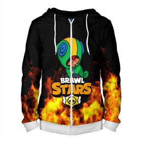Мужская толстовка 3D на молнии с принтом BRAWL STARS LEON в Ухте, 100% полиэстер | длина до линии бедра, манжеты и пояс оформлены мягкой тканевой резинкой, двухслойный капюшон со шнурком для регулировки, спереди молния, по бокам два кармана | android | brawl stars | crow | games | leon | mobile game | stars | ворон | игры | леон | мобильные игры