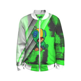 Детский бомбер 3D с принтом Brawl Stars LEON в Ухте, 100% полиэстер | застегивается на молнию, по бокам два кармана без застежек, мягкие манжеты, по низу бомбера и на воротнике — эластичная резинка | android | brawl stars | crow | games | leon | mobile game | stars | ворон | игры | леон | мобильные игры