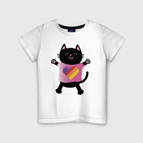 Детская футболка хлопок с принтом Black cat в Ухте, 100% хлопок | круглый вырез горловины, полуприлегающий силуэт, длина до линии бедер | Тематика изображения на принте: black | cat | eyes | heart | like | likee | moustache | mouth | nose | paws | smile | tail | tounge | глаза | кот | котенок | кошка | лапы | нос | рот | сердце | улыбка | усы | хвост | черный | язык