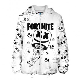 Мужская куртка 3D с принтом FORTNITE x MARSHMELLO в Ухте, ткань верха — 100% полиэстер, подклад — флис | прямой крой, подол и капюшон оформлены резинкой с фиксаторами, два кармана без застежек по бокам, один большой потайной карман на груди. Карман на груди застегивается на липучку | 