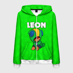 Мужская толстовка 3D на молнии с принтом BRAWL STARS LEON в Ухте, 100% полиэстер | длина до линии бедра, манжеты и пояс оформлены мягкой тканевой резинкой, двухслойный капюшон со шнурком для регулировки, спереди молния, по бокам два кармана | brawl stars | bull | colt | crow | leon | stars | берли | бо | брок | ворон | джесси | динамайк | дэррил | кольт | леон | мортис | нита | пайпер | пенни | поко | пэм | рикошет | спайк | фрэнк | шелли | эль примо