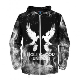 Мужская ветровка 3D с принтом HOLLYWOOD UNDEAD в Ухте, 100% полиэстер | подол и капюшон оформлены резинкой с фиксаторами, два кармана без застежек по бокам, один потайной карман на груди | deuce | hollywood undead | hu | j dog | shady jeff | голливуд | голливудская нежить | даниэль мурильо | джордан террелл | джордж артур рейган | дилан альварес | мэттью сент клер | нежить