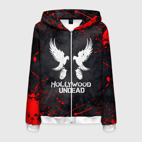 Мужская толстовка 3D на молнии с принтом HOLLYWOOD UNDEAD в Ухте, 100% полиэстер | длина до линии бедра, манжеты и пояс оформлены мягкой тканевой резинкой, двухслойный капюшон со шнурком для регулировки, спереди молния, по бокам два кармана | 