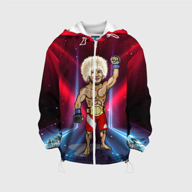 Детская куртка 3D с принтом Хабиб Нурмагомедов в Ухте, 100% полиэстер | застежка — молния, подол и капюшон оформлены резинкой с фиксаторами, по бокам — два кармана без застежек, один потайной карман на груди, плотность верхнего слоя — 90 г/м2; плотность флисового подклада — 260 г/м2 | khabib | mma | ufc | боец | дагестан | даги | единоборства | махачкала | мма | спорт | хабиб | хабиб нурмагомедов | юфс