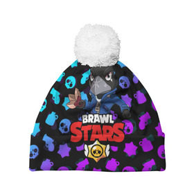 Шапка 3D c помпоном с принтом BRAWL STARS CROW в Ухте, 100% полиэстер | универсальный размер, печать по всей поверхности изделия | 8 bit | 8 бит | brawl stars | bull | colt | crow | leon | leon shark | shark | stars | акула | берли | ворон | динамайк | кольт | леон | леон акула | нита | спайк | шелли | эль примо