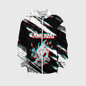 Детская куртка 3D с принтом Samurai Glitch в Ухте, 100% полиэстер | застежка — молния, подол и капюшон оформлены резинкой с фиксаторами, по бокам — два кармана без застежек, один потайной карман на груди, плотность верхнего слоя — 90 г/м2; плотность флисового подклада — 260 г/м2 | cbp | cyberpunk 2077 | glitch | samurai | глитч | игра | киберпанк 2077 | самурай