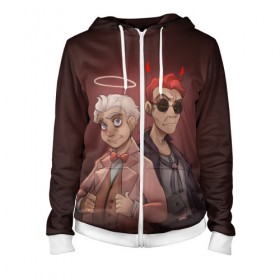 Женская толстовка 3D на молнии с принтом Азирафель и Азирафель в Ухте, 100% полиэстер | длина до линии бедра, манжеты и пояс оформлены мягкой тканевой резинкой, двухслойный капюшон со шнурком для регулировки, спереди молния, по бокам два кармана | good | omens | sheen | tennant | азирафель | ангел | благие знамения | демон | кроили | падший | теннант | шин