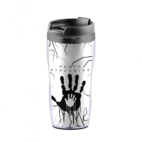 Термокружка-непроливайка с принтом DEATH STRANDING в Ухте, внутренняя часть — пищевой пластик, наружная часть — прозрачный пластик, между ними — полиграфическая вставка с рисунком | объем — 350 мл, герметичная крышка | Тематика изображения на принте: bridges uca | death stranded | death stranding | fragile express. | kojima productions | mikkelsen | void if tampered | кодзима гений | мадс миккельсен