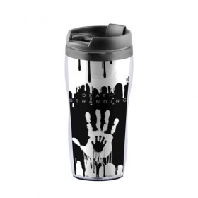 Термокружка-непроливайка с принтом DEATH STRANDING в Ухте, внутренняя часть — пищевой пластик, наружная часть — прозрачный пластик, между ними — полиграфическая вставка с рисунком | объем — 350 мл, герметичная крышка | Тематика изображения на принте: bridges uca | death stranded | death stranding | fragile express. | kojima productions | mikkelsen | void if tampered | кодзима гений | мадс миккельсен