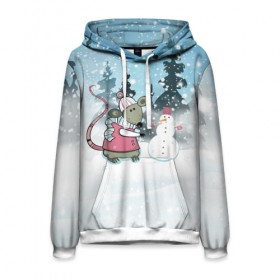 Мужская толстовка 3D с принтом Мышка лепит снеговика в Ухте, 100% полиэстер | двухслойный капюшон со шнурком для регулировки, мягкие манжеты на рукавах и по низу толстовки, спереди карман-кенгуру с мягким внутренним слоем. | Тематика изображения на принте: 