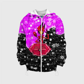 Детская куртка 3D с принтом Hazbin Hotel в Ухте, 100% полиэстер | застежка — молния, подол и капюшон оформлены резинкой с фиксаторами, по бокам — два кармана без застежек, один потайной карман на груди, плотность верхнего слоя — 90 г/м2; плотность флисового подклада — 260 г/м2 | hazbin | hazbin hotel | hotel | мюзикл | отель хазбин | хазбин