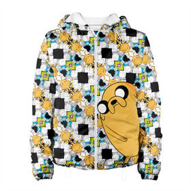 Женская куртка 3D с принтом Jake Adventure Time в Ухте, ткань верха — 100% полиэстер, подклад — флис | прямой крой, подол и капюшон оформлены резинкой с фиксаторами, два кармана без застежек по бокам, один большой потайной карман на груди. Карман на груди застегивается на липучку | adventure time | dsgnosadchaya | vdosadir | время приключений | джейк | пендлтон уорд | финн