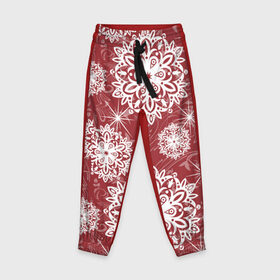 Детские брюки 3D с принтом Новый год снежинки на красном в Ухте, 100% полиэстер | манжеты по низу, эластичный пояс регулируется шнурком, по бокам два кармана без застежек, внутренняя часть кармана из мелкой сетки | 