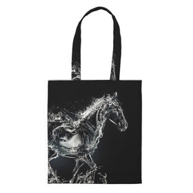 Шоппер 3D с принтом Скакун в Ухте, 100% полиэстер | Плотность: 200 г/м2; Размер: 34×35 см; Высота лямок: 30 см | black | expression | horse | jumper | water | вода | лошадь | скакун | черный | экспрессия