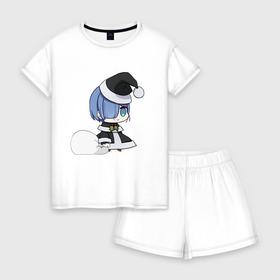 Женская пижама с шортиками хлопок с принтом Рем в Ухте, 100% хлопок | футболка прямого кроя, шорты свободные с широкой мягкой резинкой | padoru | аниме | новый год | ре зеро | рем